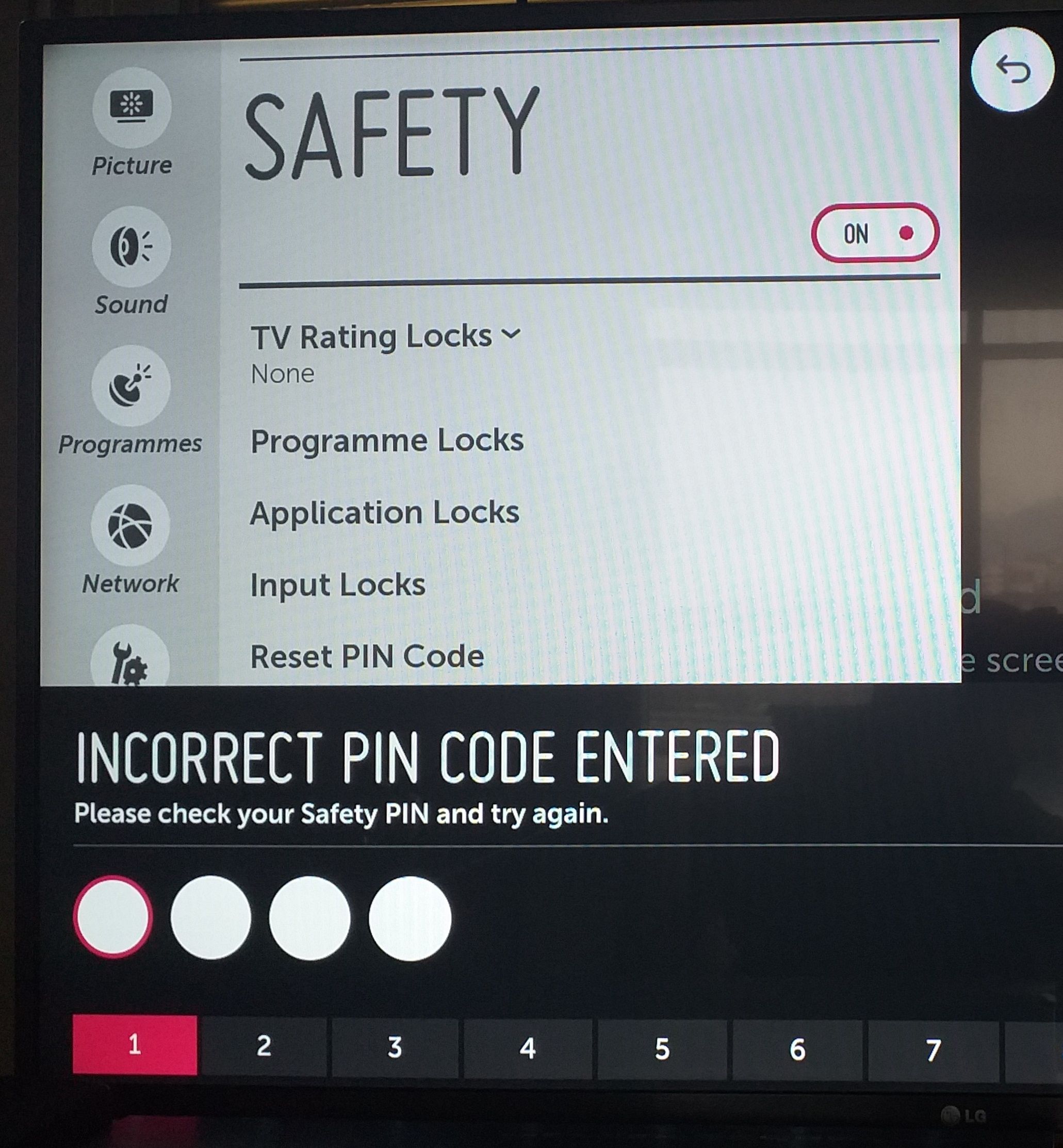 Incorrect pin code